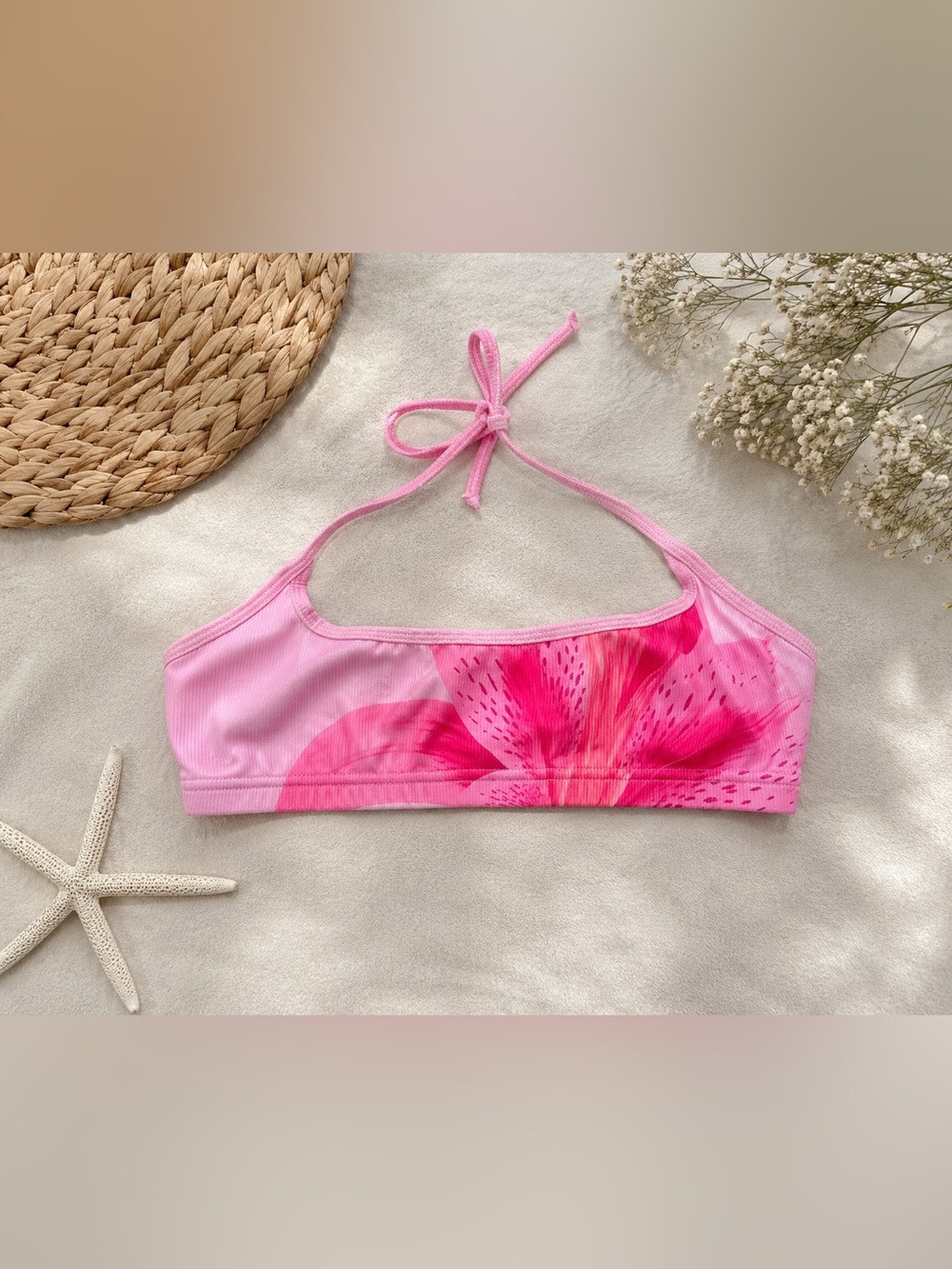 SHEIN Pink Watermelon Print Halter Bikini Top | Ribbed Bandeau Swim Top | Size S